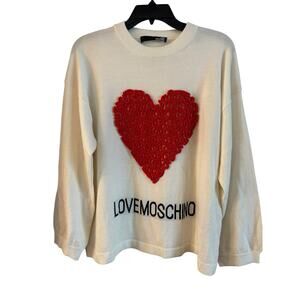 Love Moschino Heart Applique Pleated Wool Blend Knit Sweater White Size 8